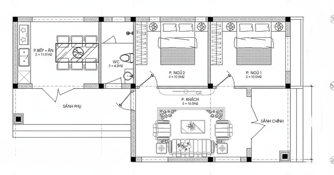 Bản vẽ công năng bố trí thiết kế nhà 70m2