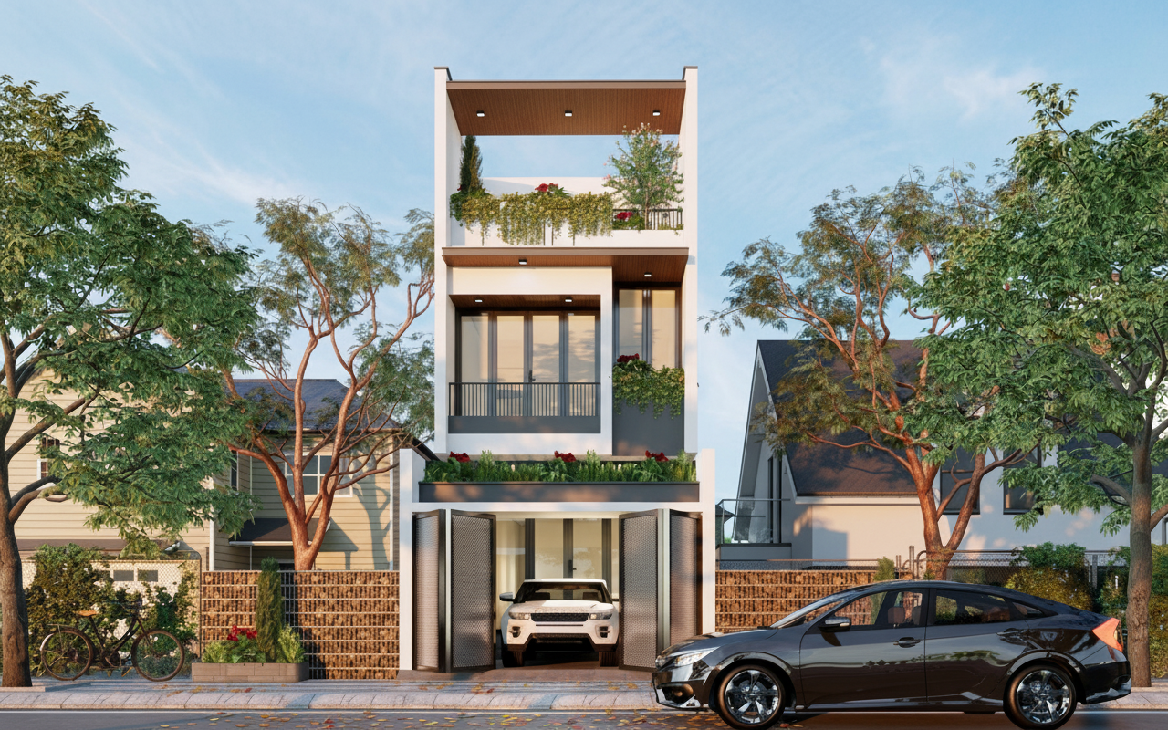 thiet ke nha 70m2 co tang tret lam gara