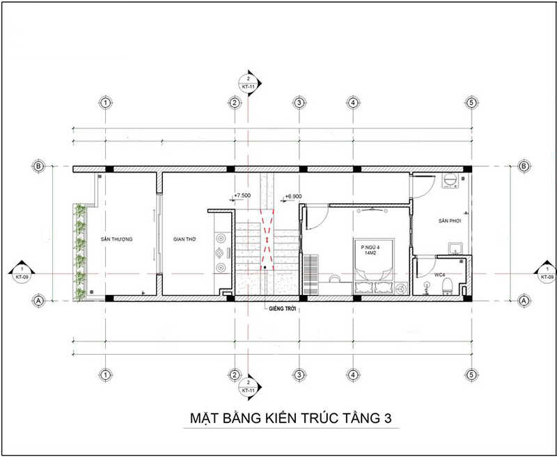 Bản vẽ thiết kế nhà ống 3 tầng 5x15