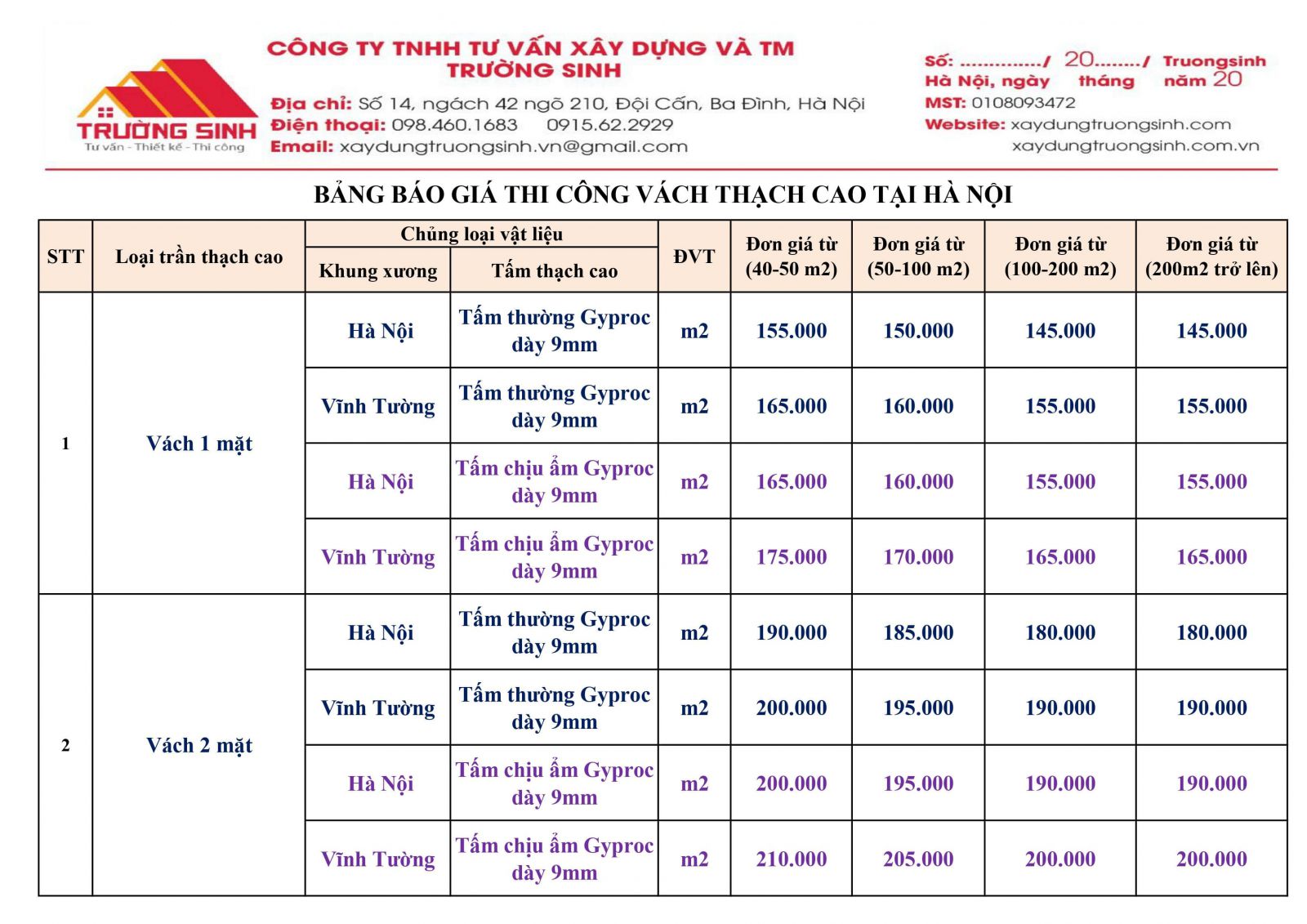 bảng báo giá thi công đóng vách thạch cao tại Hà Nội năm 2021